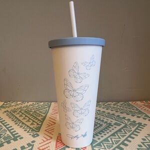 2/$15 Dolly Parton White with Blue Butterflies 20z Plastic tumbler